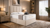Naples Cream - Kensington Grande Luxury Divan Bed – Premium Upholstered Bed Frame with Tall Vertical Panel Headboard