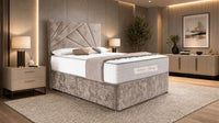 Crushed Velvet Mink - Aurelia Geometric Luxe Divan Bed with Statement Panelled Headboard & Storage