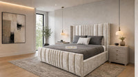 Crushed Velvet Cream - Mayfair Luxury Panelled Bed – Premium Upholstered Bed Frame with Statement Headboard & Footboard