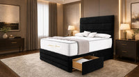 Plush Velvet Black - Monaco Luxe Luxury Divan Bed – Premium Upholstered Panelled Headboard with Storage