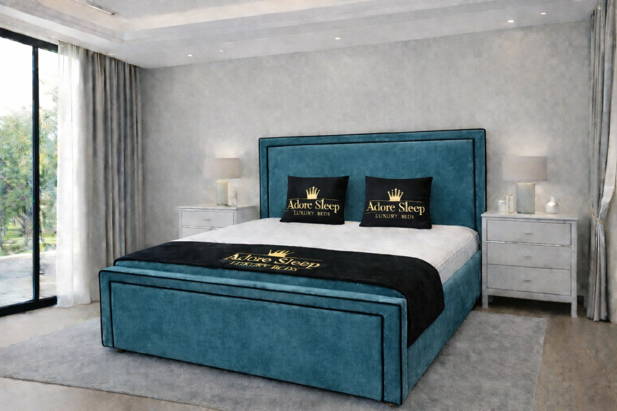 Plush Velvet Teal - Astoria Luxe Luxury Upholstered Bed Frame – Premium Panelled Headboard & Footboard