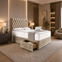 Crushed Velvet Gold - Regency Diamond Luxury Divan Bed – Deep Button-Tufted Headboard with Premium Upholstered Frame & Storage
