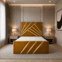 Plush Velvet Mustard Gold - Monaco Luxury Geometric Bed – Designer Upholstered Bed Frame with Metallic Inlay Detailing