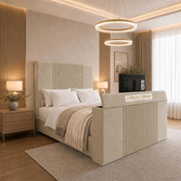 Naples Beige - Knightsbridge Luxury Fluted TV Bed – Designer Upholstered Bed Frame with Integrated TV Footboard