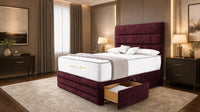 Plush Velvet Maroon - Monaco Luxe Luxury Divan Bed – Premium Upholstered Panelled Headboard with Storage