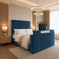 Plush Velvet Sapphire - Knightsbridge Luxury Fluted TV Bed – Designer Upholstered Bed Frame with Integrated TV Footboard