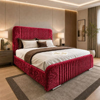 Crushed Velvet Red - Beaumont Luxury Fluted Wing Bed – Designer Upholstered Bed Frame with Statement Headboard & Footboard