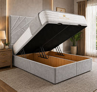 Plush Velvet Silver - Meridian Abstract Geometry Ottoman Divan Bed | Luxury Hydraulic Storage Bed Frame