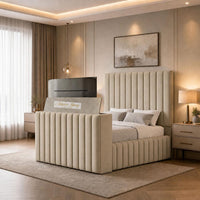 Naples Beige - Mayfair Luxury Channelled TV Bed – Premium Upholstered Bed Frame with Integrated TV Footboard