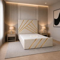 Naples Cream - Monaco Luxury Geometric Bed – Designer Upholstered Bed Frame with Metallic Inlay Detailing