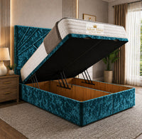 Crushed Velvet Teal - Meridian Abstract Geometry Ottoman Divan Bed | Luxury Hydraulic Storage Bed Frame