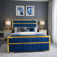 Naples Blue - Aurelius Linear Upholstered Designer Bed | Luxury Gold Frame Statement Bed