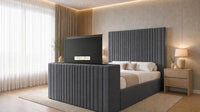 Naples Charcoal - Montreux Luxury Fluted TV Bed – Premium Upholstered Bed Frame with Integrated TV Footboard