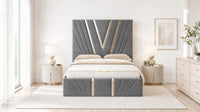 Plush Velvet Grey - Monaco V-Line Luxury Geometric Ottoman Storage Bed