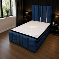 Plush Velvet Sapphire - Chevronne Luxury Chevron Panel Bed – Designer Upholstered Bed Frame with Metallic Inlay Detailing