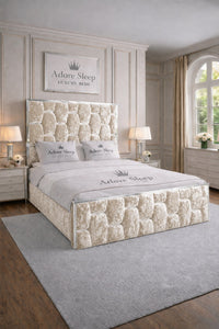 Crushed Velvet Cream - Hexa Monarch Luxury Silver Strip Panel Bed Frame