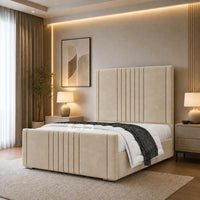 Plush Velvet Beige - Langham Luxury Centre Channel Bed – Premium Upholstered Bed Frame with Statement Headboard & Footboard