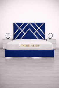 Plush Velvet Sapphire - Regal Diamond Luxury Panel Bed Frame with Silver Strip – Upholstered