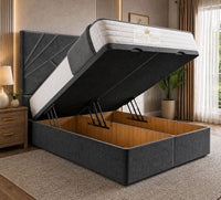 Plush Velvet Steel - Meridian Abstract Geometry Ottoman Divan Bed | Luxury Hydraulic Storage Bed Frame