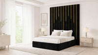 Plush Velvet Black - Alisha Gold Strip Grandline Luxury Floor-Standing Ottoman Storage Bed