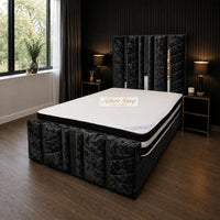 Crushed Velvet Black - Chevronne Luxury Chevron Panel Bed – Designer Upholstered Bed Frame with Metallic Inlay Detailing