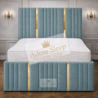 Plush Velvet Duck Egg - Celestine Luxe Vertical Panelled Gold Strip Upholstered Bed Frame | Luxury Statement Bed