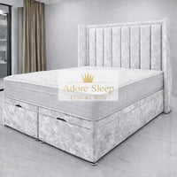 Crushed Velvet White - Grand Elysee Luxury Panelled Upholstered Bed Frame with Divan Ottoman Storage