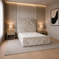 Crushed Velvet Cream - Monaco Luxury Geometric Bed – Designer Upholstered Bed Frame with Metallic Inlay Detailing