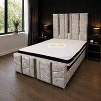 Crushed Velvet Champagne - Chevronne Luxury Chevron Panel Bed – Designer Upholstered Bed Frame with Metallic Inlay Detailing