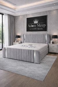 Plush Velvet Silver - Spencer Luxury Curved Fluted Bed Frame with Gold Strip – Upholstered