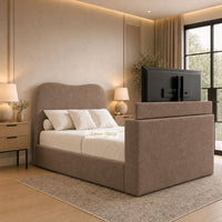 Naples Mink - Serene Luxury Curved TV Bed – Designer Upholstered Bed Frame with Integrated TV Footboard