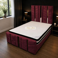 Plush Velvet Maroon - Chevronne Luxury Chevron Panel Bed – Designer Upholstered Bed Frame with Metallic Inlay Detailing