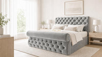 Plush Velvet Steel - Windsor Chesterfield Luxury Scroll Bed Frame