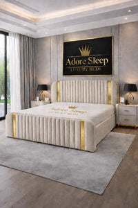 Plush Velvet Beige - Spencer Luxury Curved Fluted Bed Frame with Gold Strip – Upholstered