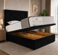 Plush Velvet Black - Meridian Abstract Geometry Ottoman Divan Bed | Luxury Hydraulic Storage Bed Frame