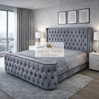 Plush Velvet Steel - Celestine Grandeur Luxury Upholstered Bed – Deep Button Tufted Headboard & Curved Statement Footboard