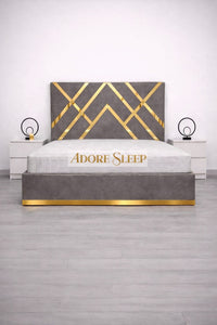 Naples Slate Grey - Regalia Noir Luxury Upholstered Bed – Geometric Designer Headboard with Metallic Accent Detailing