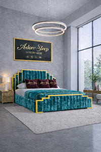 Crushed Velvet Teal - Imperial Elan Luxury Art Deco Upholstered Bed Frame