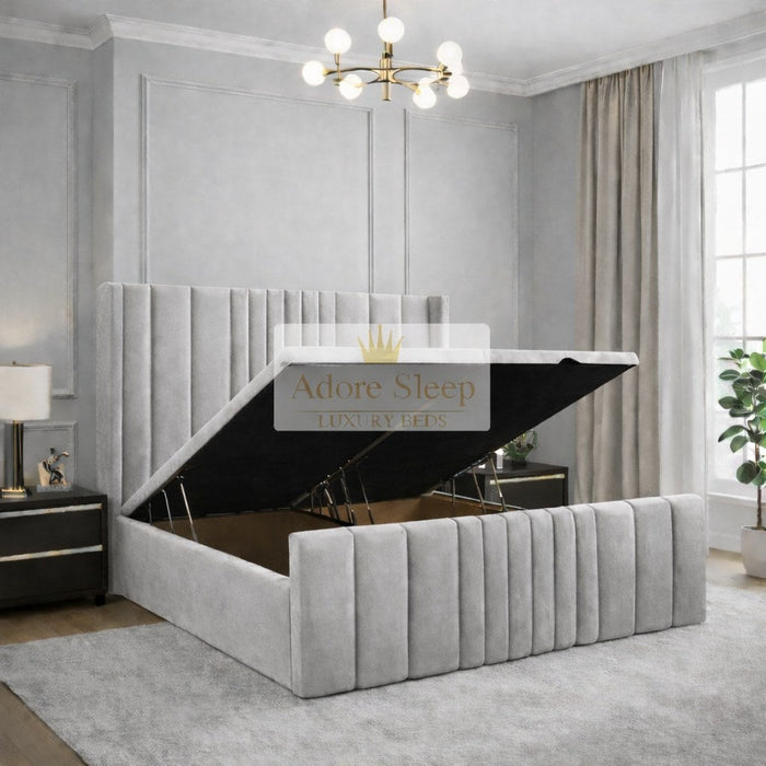 Plush Velvet Silver - Valmont Luxe Ottoman Divan Bed Frame – Luxury Upholstered Storage Bed with Statement Panelled Headboard