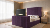 Naples Purple - Montreux Luxury Fluted TV Bed – Premium Upholstered Bed Frame with Integrated TV Footboard
