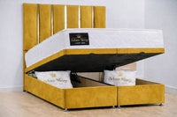 Plush Velvet Mustard Gold - Verona Luxe Ottoman Divan Storage Bed Frame – Luxury Upholstered Bed with Lift-Up Storage
