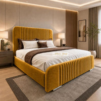 Plush Velvet Mustard Gold - Beaumont Luxury Fluted Wing Bed – Designer Upholstered Bed Frame with Statement Headboard & Footboard