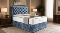 Crushed Velvet Denim Blue - Regency Chesterfield Luxe Divan Bed with Storage – Deep Buttoned Upholstered Bed Frame
