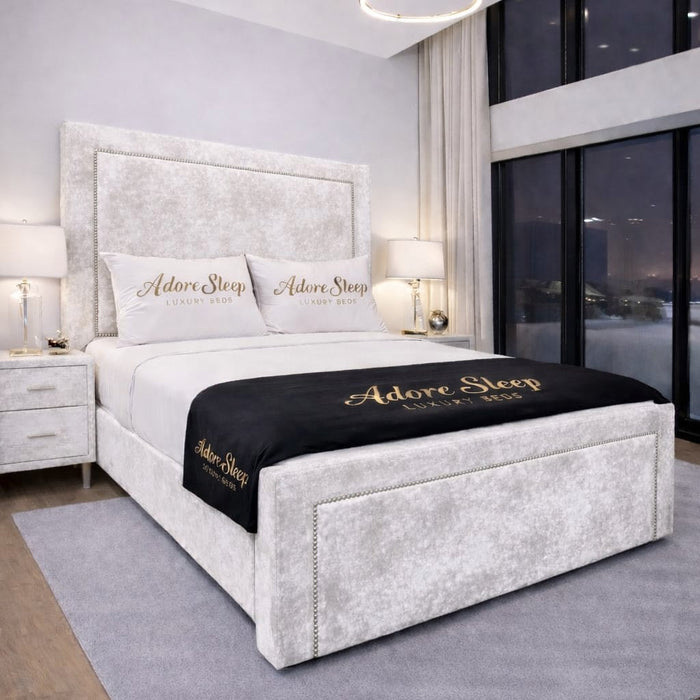 Crushed Velvet White - Regent Grandeur Luxury Upholstered Bed Frame – Premium Deep Panelled Headboard