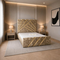 Crushed Velvet Gold - Monaco Luxury Geometric Bed – Designer Upholstered Bed Frame with Metallic Inlay Detailing