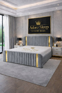 Plush Velvet Steel - Spencer Luxury Curved Fluted Bed Frame with Gold Strip – Upholstered