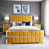 Plush Velvet Mustard Gold - Aurelius Linear Upholstered Designer Bed | Luxury Gold Frame Statement Bed