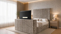 Crushed Velvet Mink - Montreux Luxury Fluted TV Bed – Premium Upholstered Bed Frame with Integrated TV Footboard