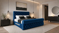 Plush Velvet Sapphire - Windsor Chesterfield Luxury Scroll Bed Frame