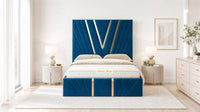 Naples Blue - Monaco V-Line Luxury Geometric Ottoman Storage Bed